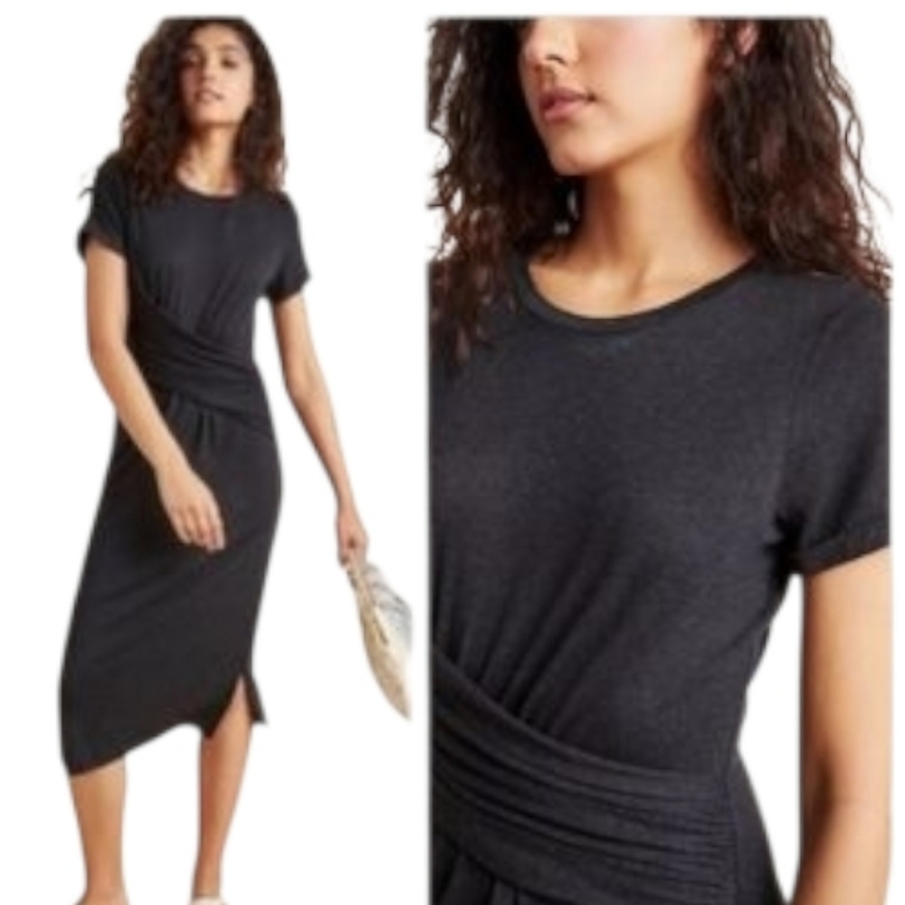 Anthropologie Charcoal Gray Draped Front Short Sleeve Dress Medium Soft